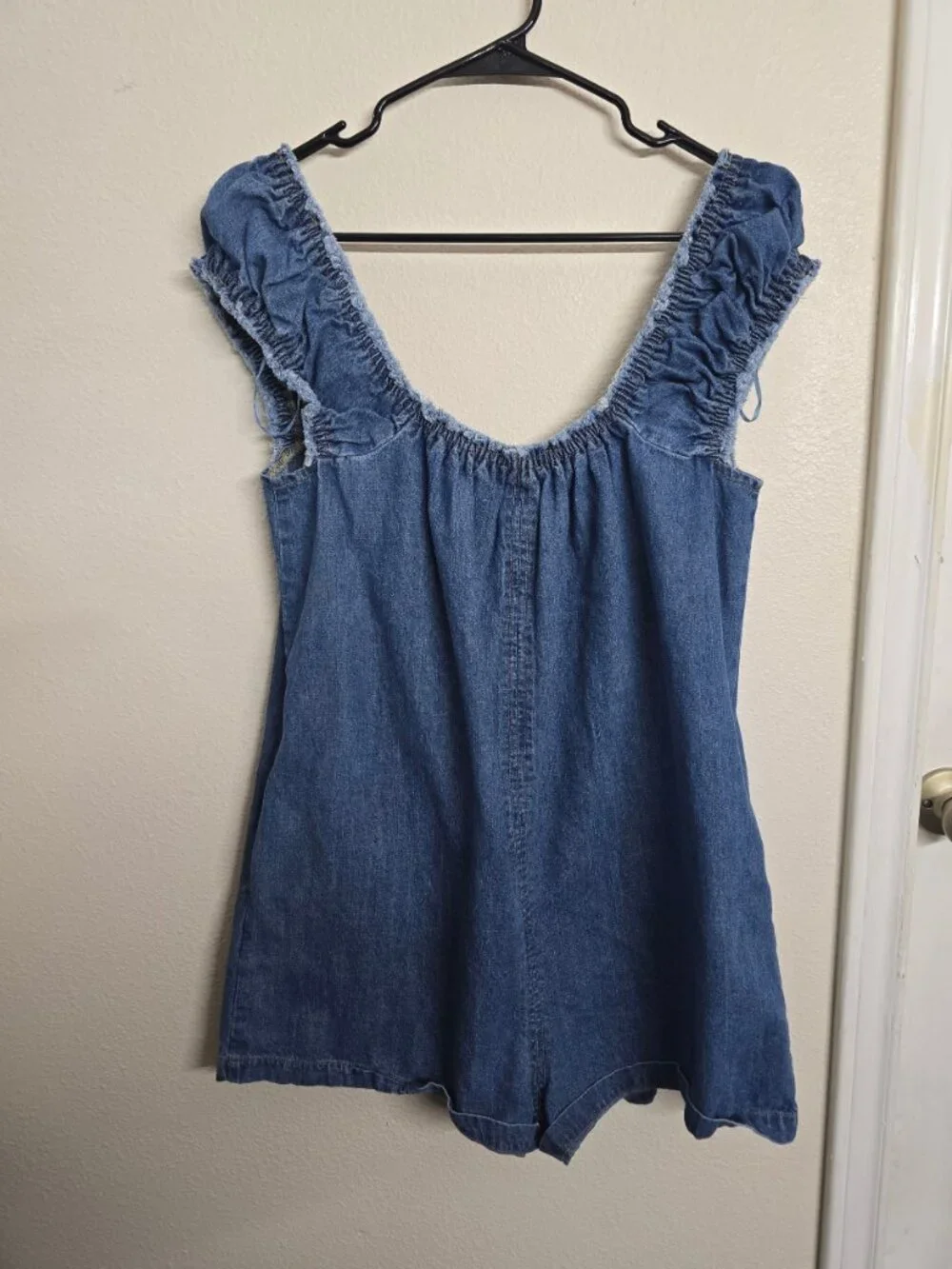 LE LIS Denim Romper Medium Blue Elastic Ruffled Straps